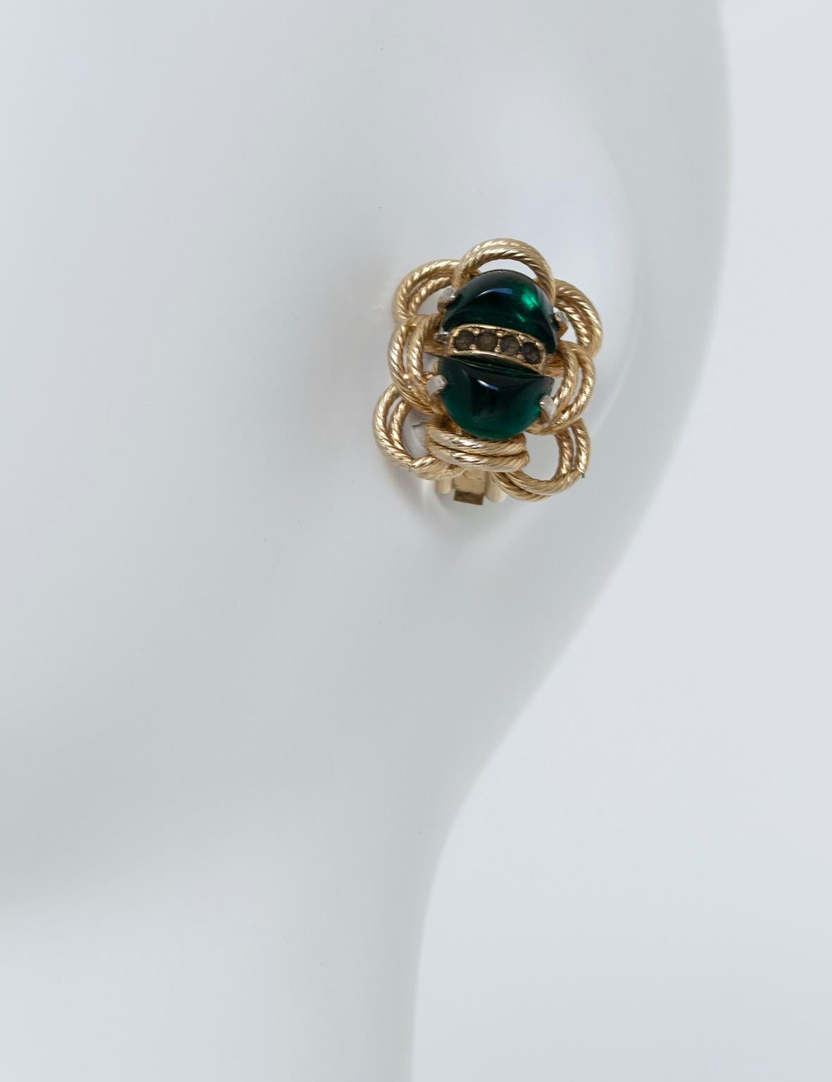 Post-War Signed Eisenberg Gold and Emerald Green Glass Cabochon Scarab Earrings, 1960s
