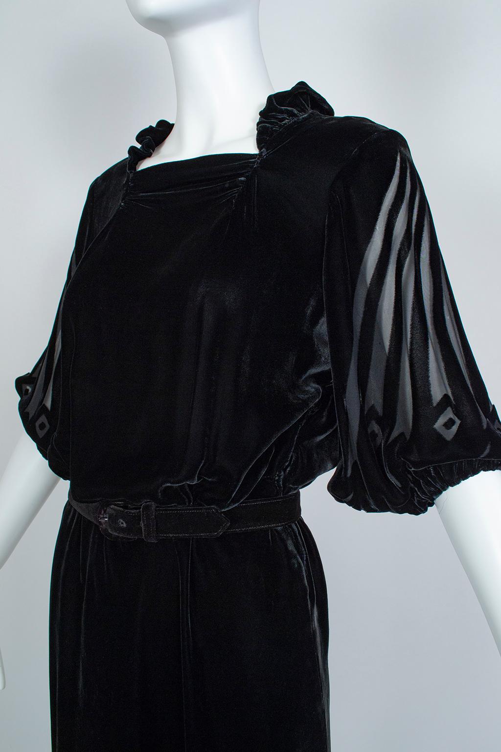 Women's Black Art Deco Starburst Burnout Velvet Cocktail Dress - Medium, 1930s