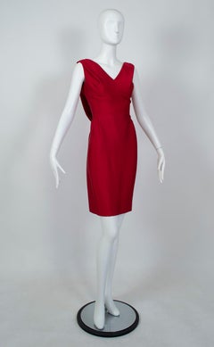 Red Silk Sleeveless Cocktail Dress w Convertible Draped Scarf Back - L, 1960s