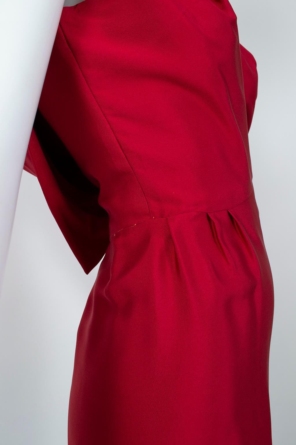 Women's Lipstick Red Silk *Larger Size* Sheath Dress w Convertible Scarf Back - L, 1960s For Sale