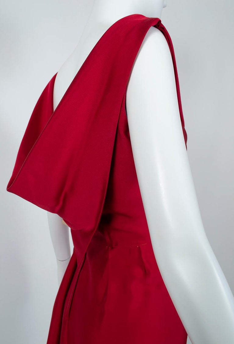 Lipstick Red Silk *Larger Size* Sheath Dress w Convertible Scarf Back - L, 1960s For Sale 4