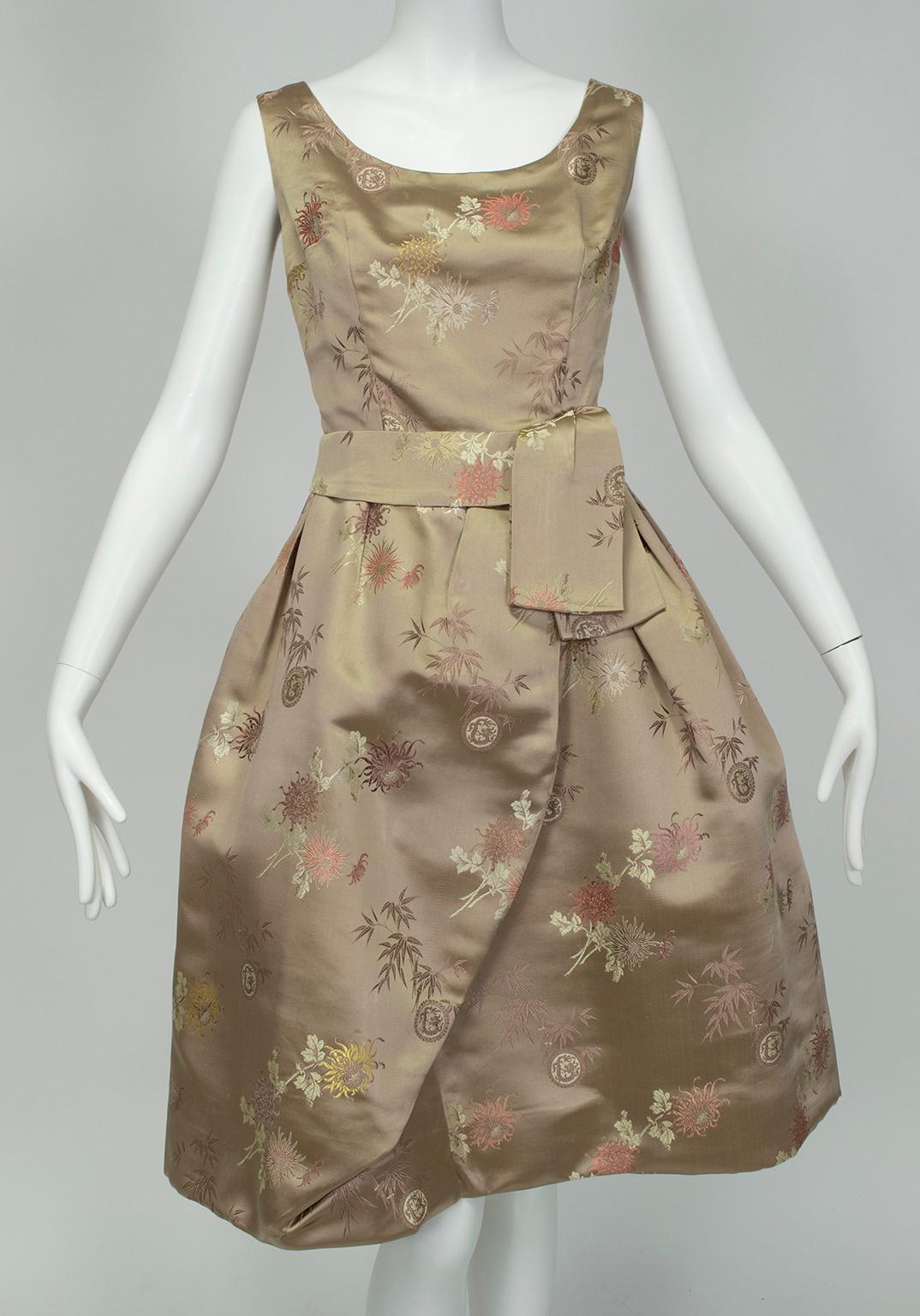 Jacques Cassia Haute Couture Taupe Brocade Corolle Tulip Skirt Dress - S, 1960s In Good Condition For Sale In Tucson, AZ