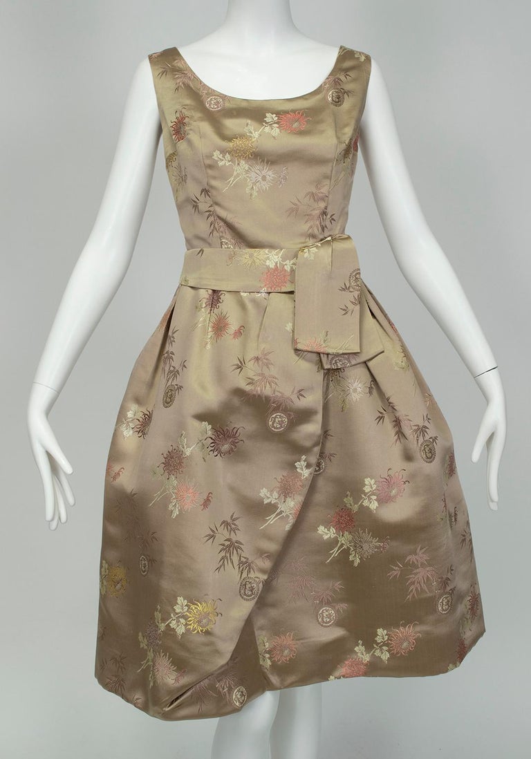 Women's Jacques Cassia Haute Couture Taupe Brocade Corolle Tulip Skirt Dress - S, 1960s For Sale
