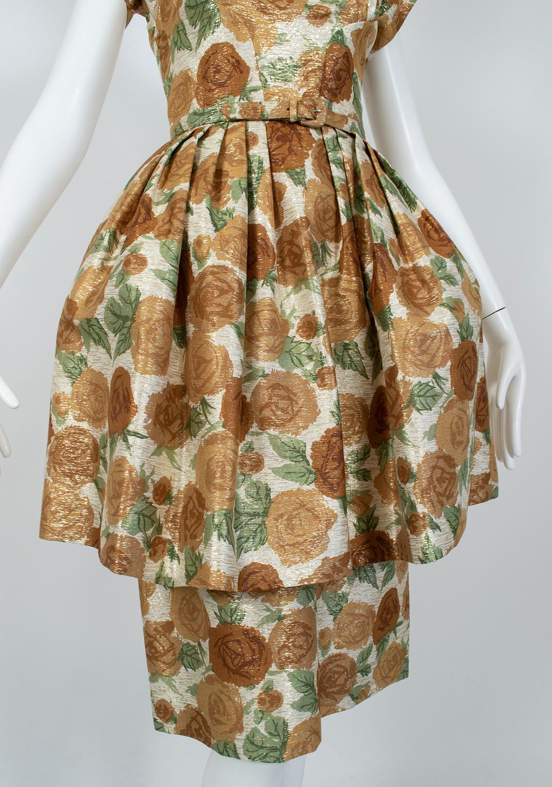 Women's Metallic Green and Gold Floral Cocktail Dress w Lampshade Hobble Skirt- S, 1950s