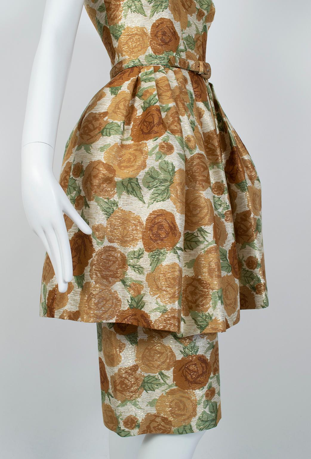 Metallic Green and Gold Floral Cocktail Dress w Lampshade Hobble Skirt- S, 1950s 1