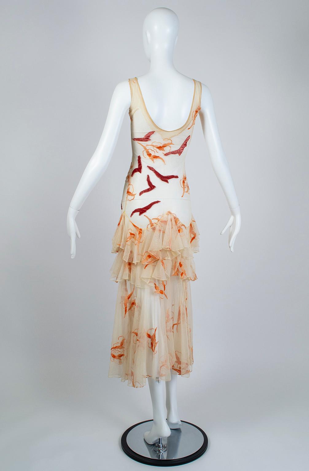 Nacktes Kleid aus Netz und Panné-Samt mit Möwenschwarm-Rüschen - XXS, Ende der 1920er Jahre im Zustand „Gut“ im Angebot in Tucson, AZ