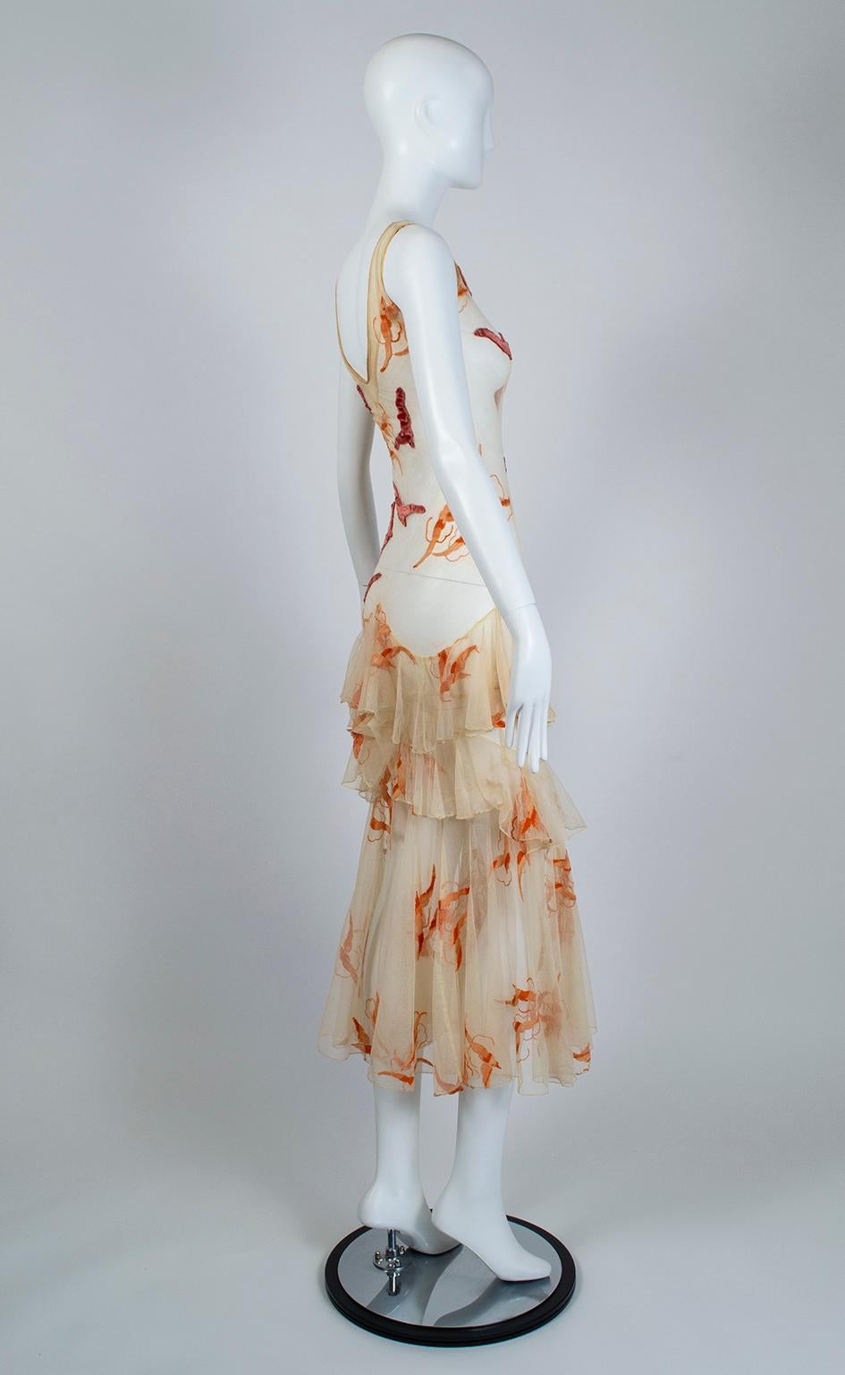 Nacktes Kleid aus Netz und Panné-Samt mit Möwenschwarm-Rüschen - XXS, Ende der 1920er Jahre (Beige) im Angebot