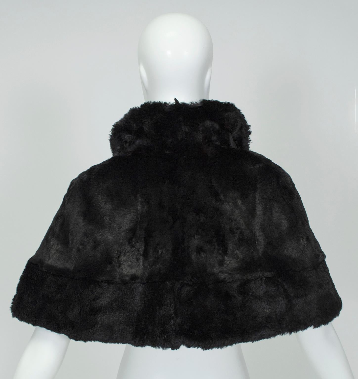 Women's Black Shearling Capelet Stole with Shawl Collar, 1950s