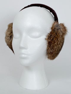 Plush Taupe Fox Fur Earmuffs with Brown Velvet Headband - One Size, 1960s