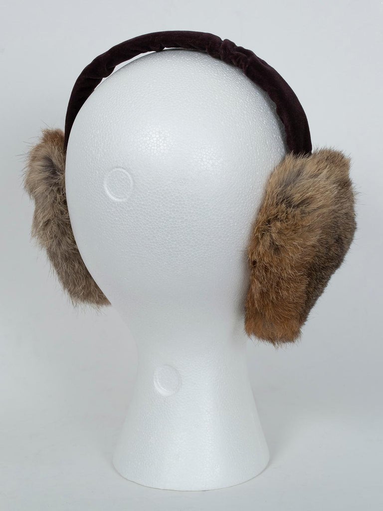 Plush Taupe Fox Fur Earmuffs with Brown Velvet Headband One Size