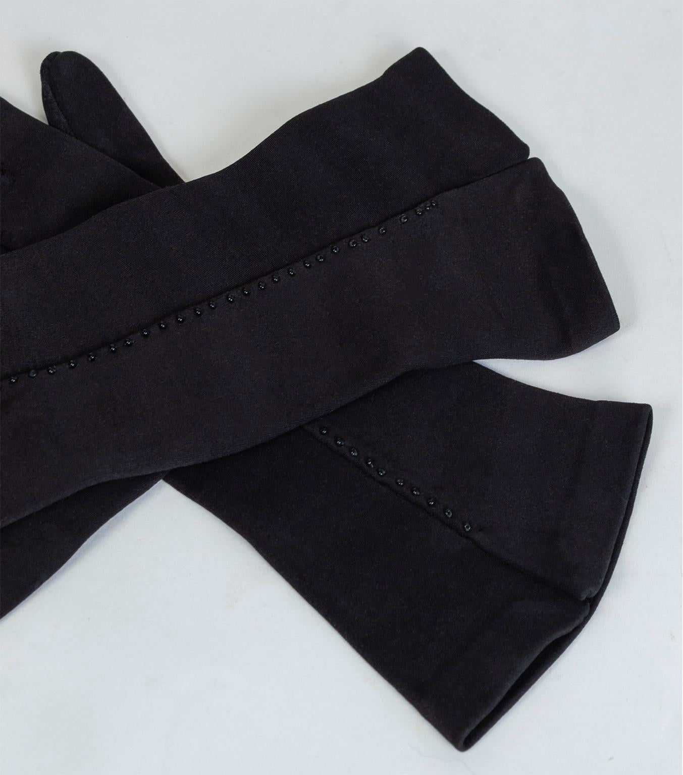 Though they serve a practical purpose, gloves can also be an opportunity to express your personal style. To wit, these velvety evening gloves feature a demure line of seed beads from the middle finger to the cuff for an elegant splash of bling that