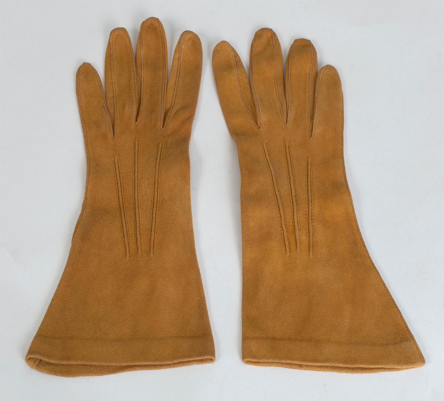 Sattelhandschuhe aus braunem Wildleder mit drei Spitzen und ausgestelltem Gauntlet, Frankreich - S, 1960er Jahre (Braun) im Angebot