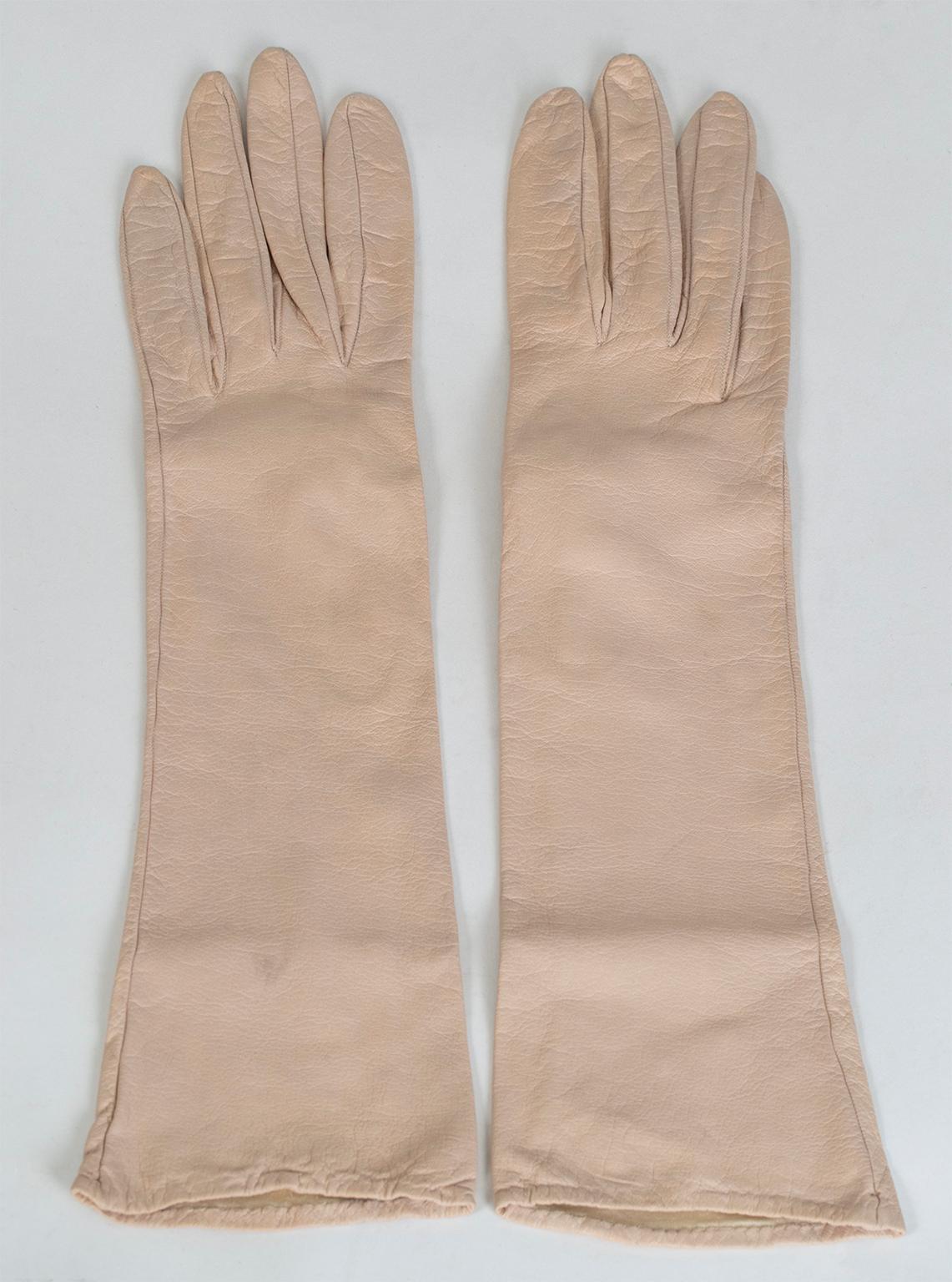 Pale Pink Seide gefüttert Kidskin Leder Forearm Gauntlet Abendhandschuhe-XS-S, 1950er Jahre (Beige) im Angebot