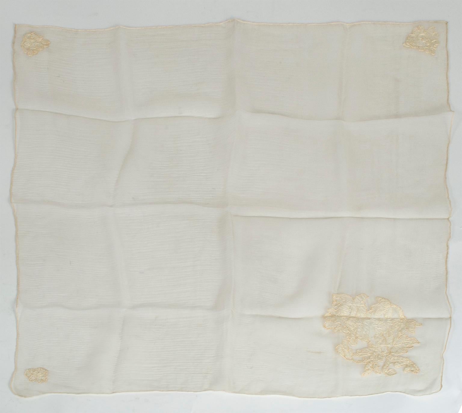 Beige Late Victorian Silk Chiffon Handkerchief with Inset Lace Corners, 1900s