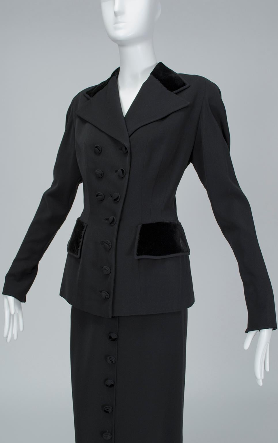 Schwarzer schwarzer Samt und Gabardine Asymmetrischer Midirock mit Knopfleiste Bleistiftanzug-M-L, 1940er Jahre im Angebot 1