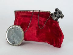 Red Velvet Evening Clutch with Onyx Closure and Chained Mirror, 1950s
