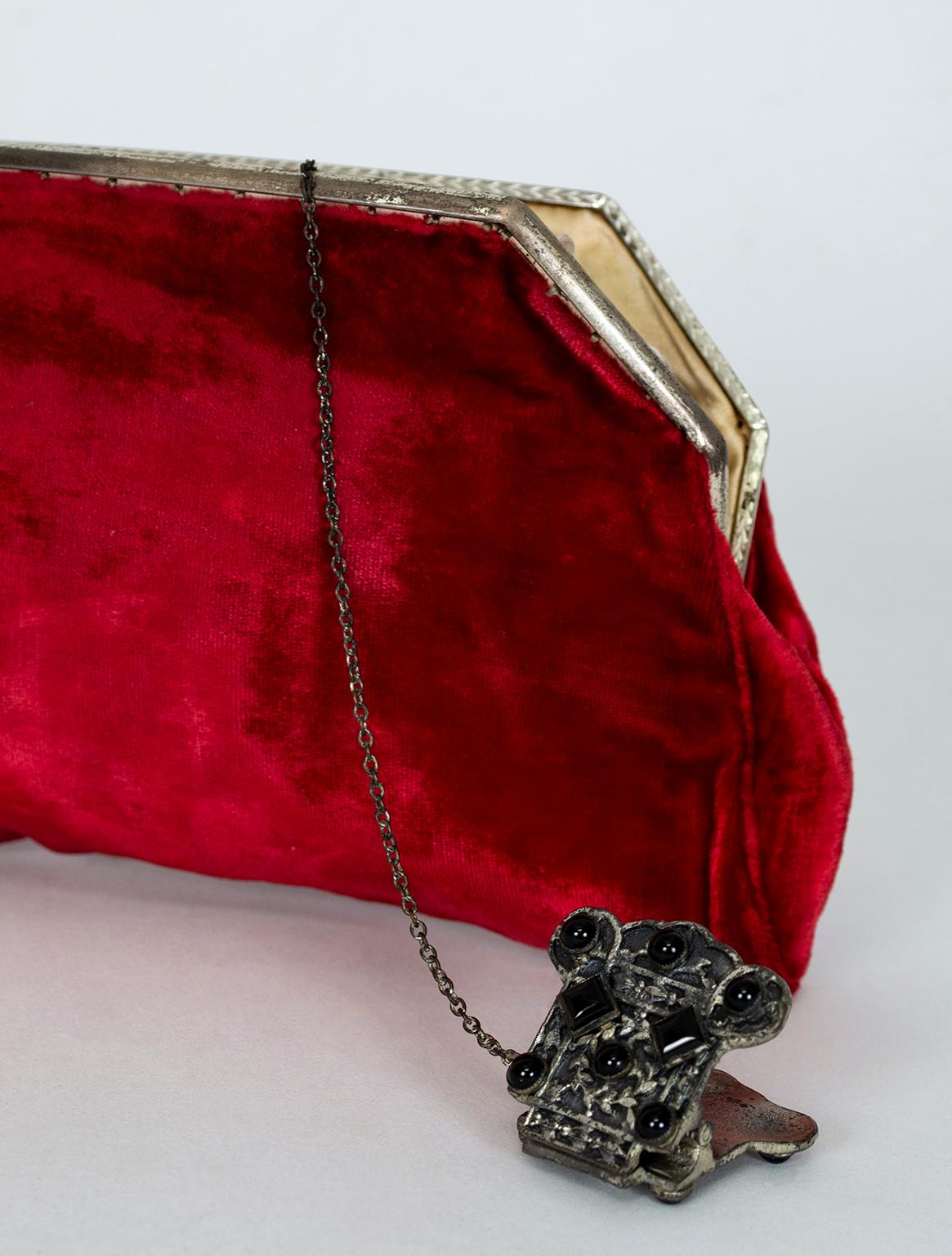Red Velvet Evening Clutch with Onyx Closure and Chained Mirror, 1950s 3