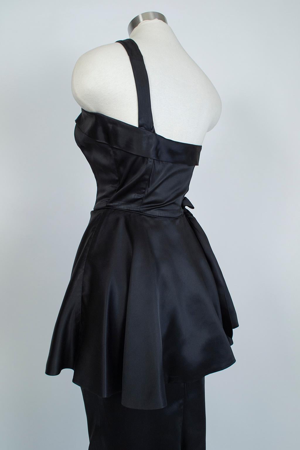 Black Satin Asymmetrical Mermaid Peplum Gown with Detachable Hip Sash- XS, 1950s 1
