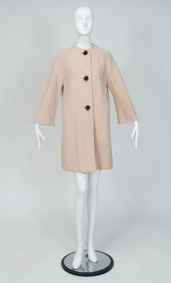 Collarless Taupe Cashmere A-Line Stroller Coat with Bakelite Buttons- S-M, 1960s