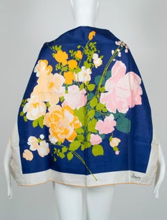 Sciarpa foulard a bouquet floreale in seta blu vintage di Jean Dessès Paris, anni '50