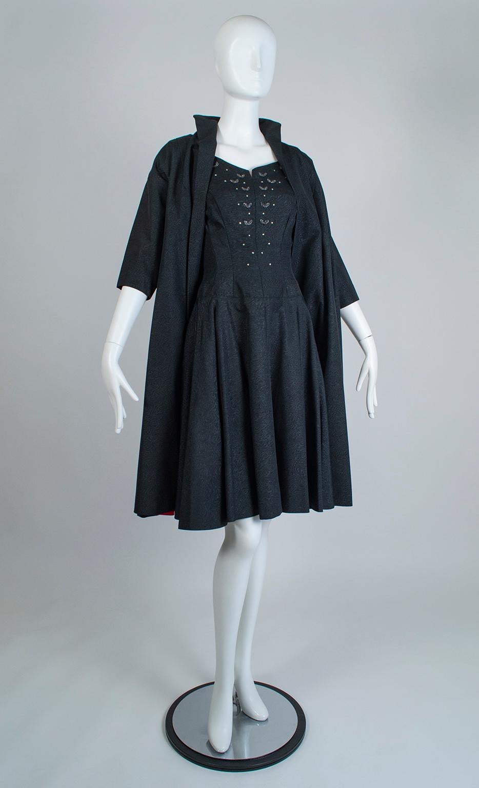 Black Silk Moiré Jeweled Tea Dress and Red-Lined Opera Coat Ensemble - XS, 1950s For Sale 5