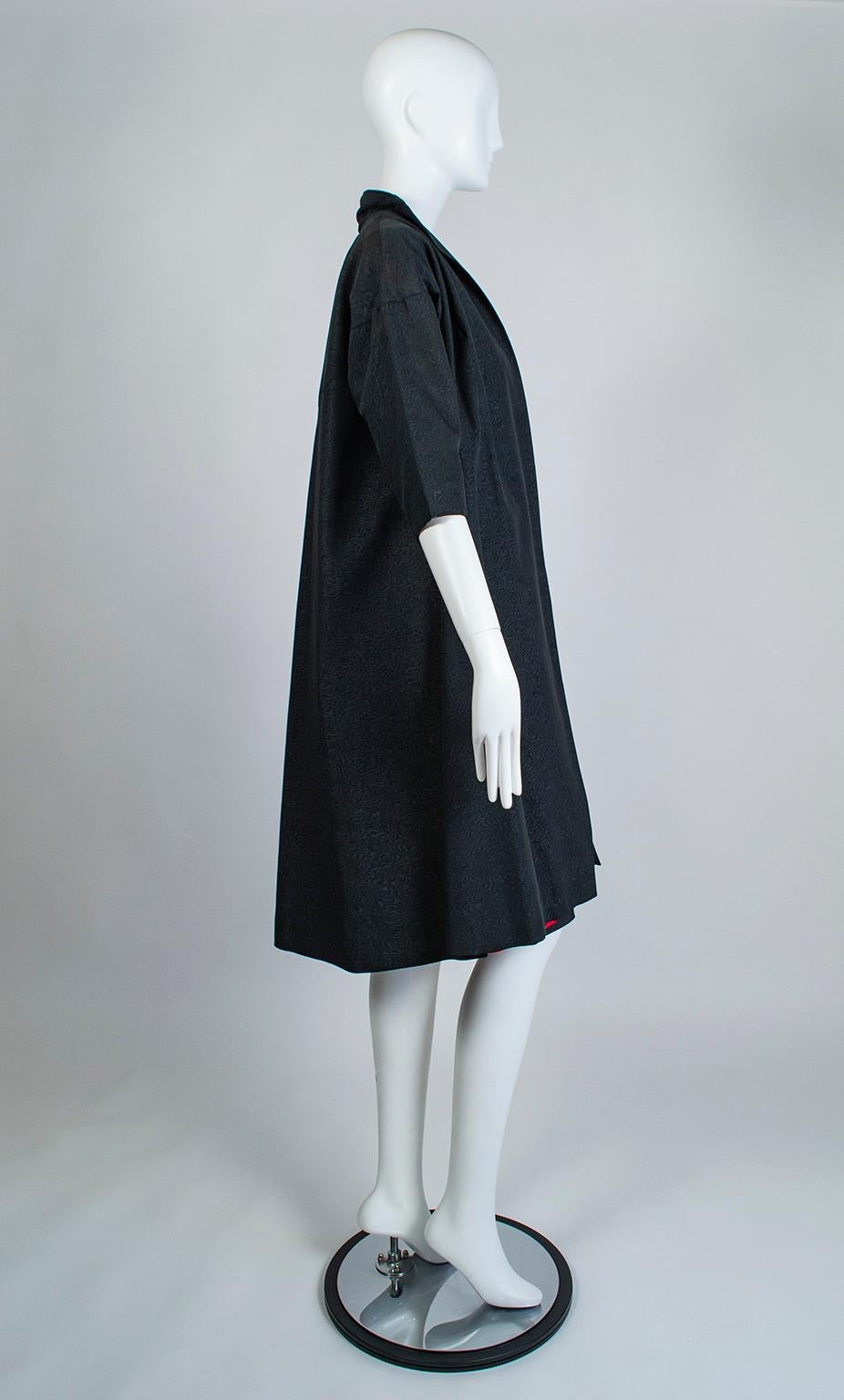 Black Silk Moiré Jeweled Tea Dress and Red-Lined Opera Coat Ensemble - XS, 1950s For Sale 7