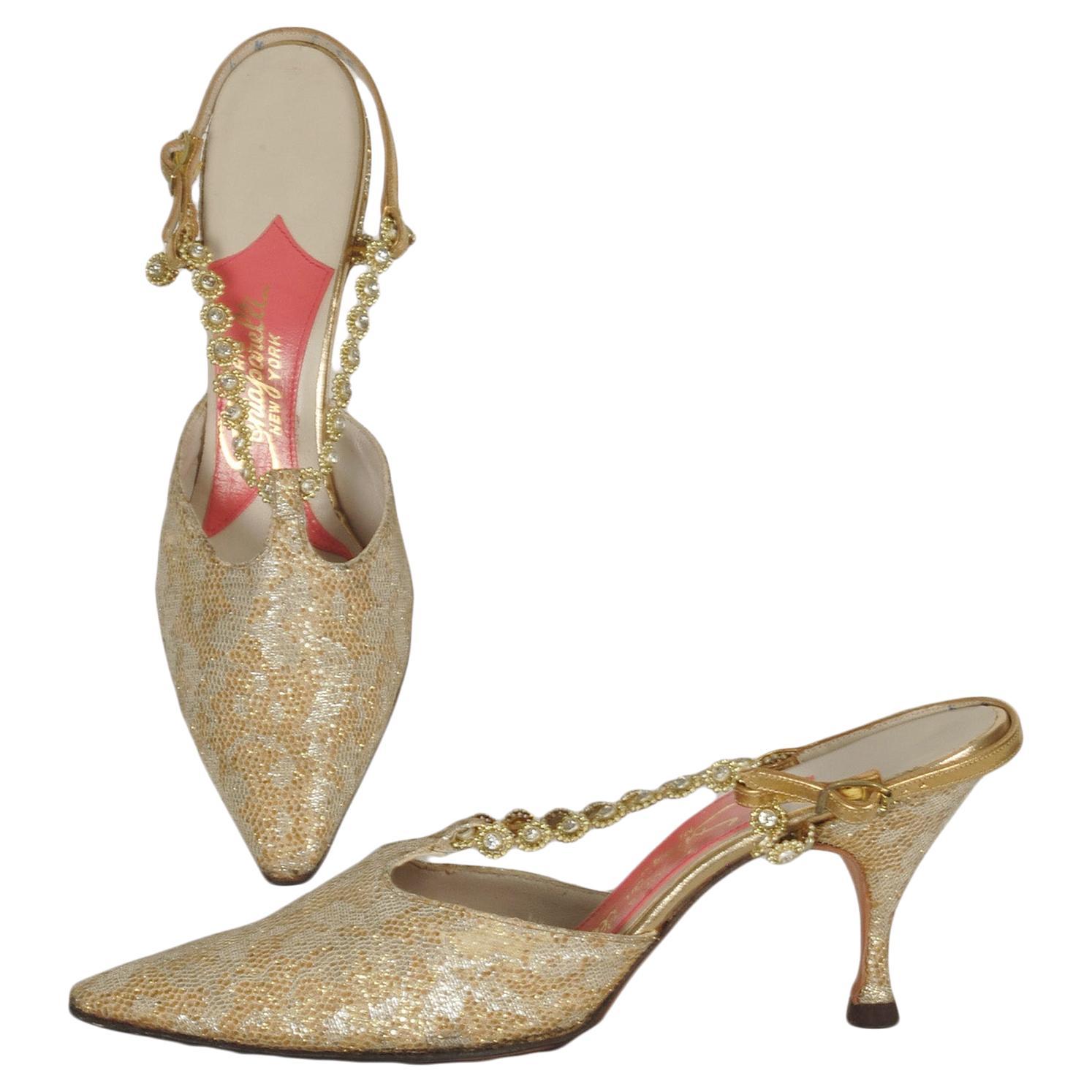 Schiaparelli Gold Lace Jeweled T-Strap Kitten Heel Pumps, New in Box –6AA, 1960s For Sale