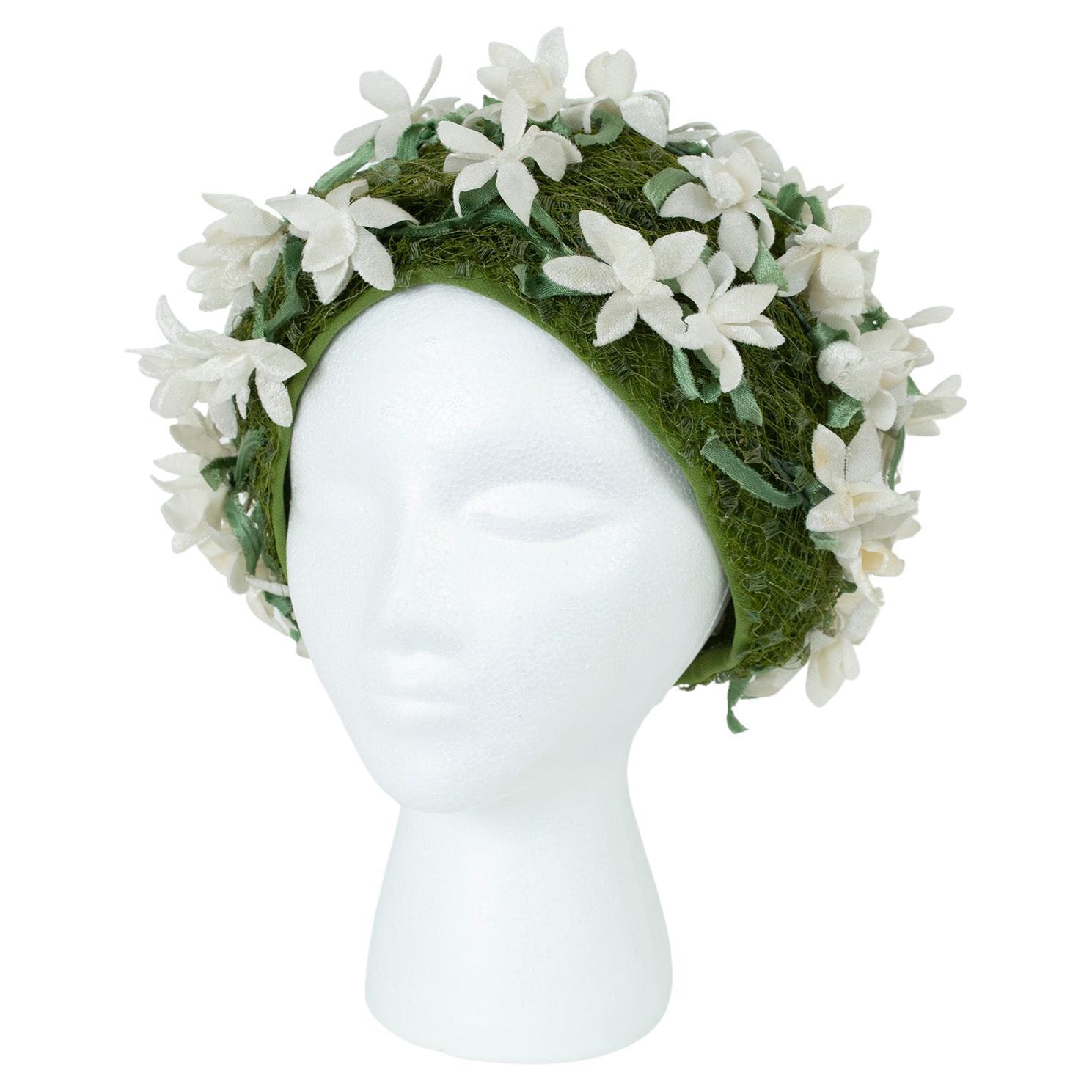 Christian Dior Grass Green Beehive Turban Hat with Velvet Gardenias – S-M, 1950s