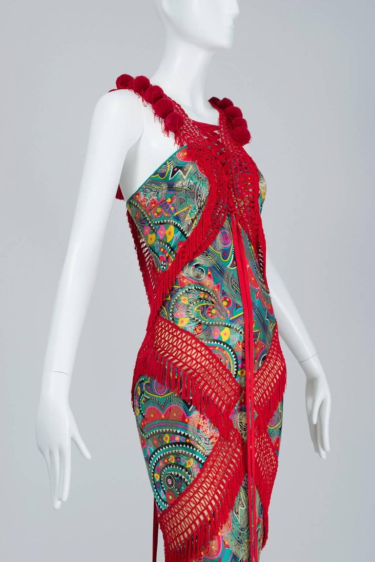 John Galliano Red Damask, Mongolian Lamb and Coyote Fur Runway Gown - XS-S, 2002 For Sale 1