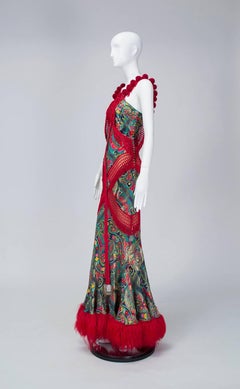 John Galliano Red Damask, Mongolian Lamb and Coyote Fur Runway Gown - XS-S, 2002