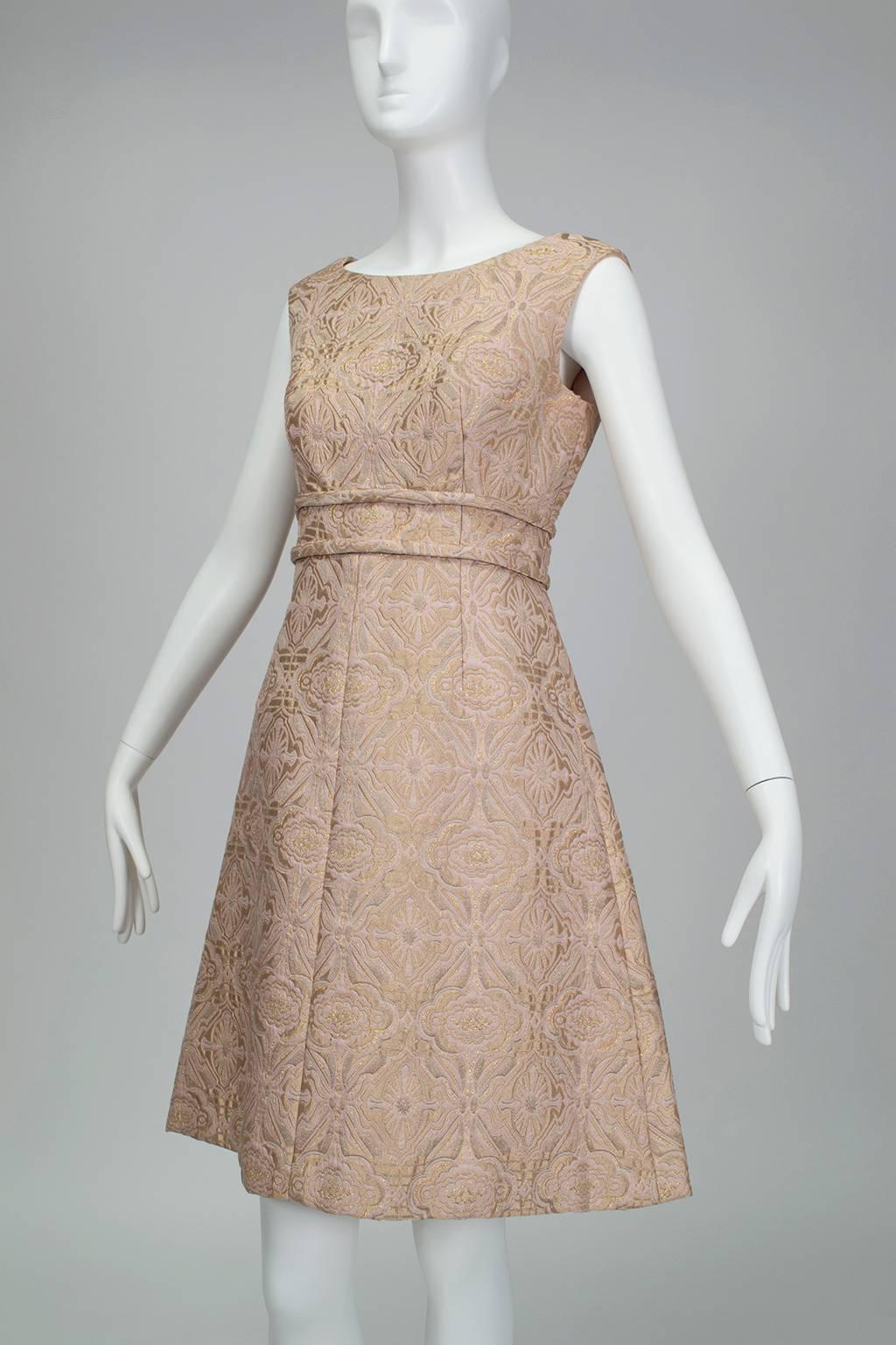 Women's Pink and Gold Jacquard A-Line Dress and Coat Set - Jacome Estate, 1960s