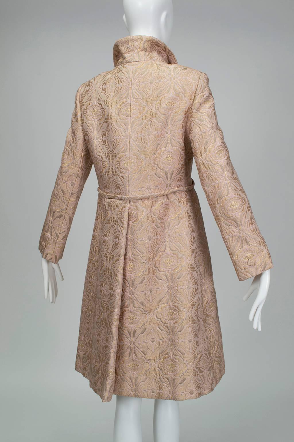 Brown Pink and Gold Jacquard A-Line Dress and Coat Set - Jacome Estate, 1960s