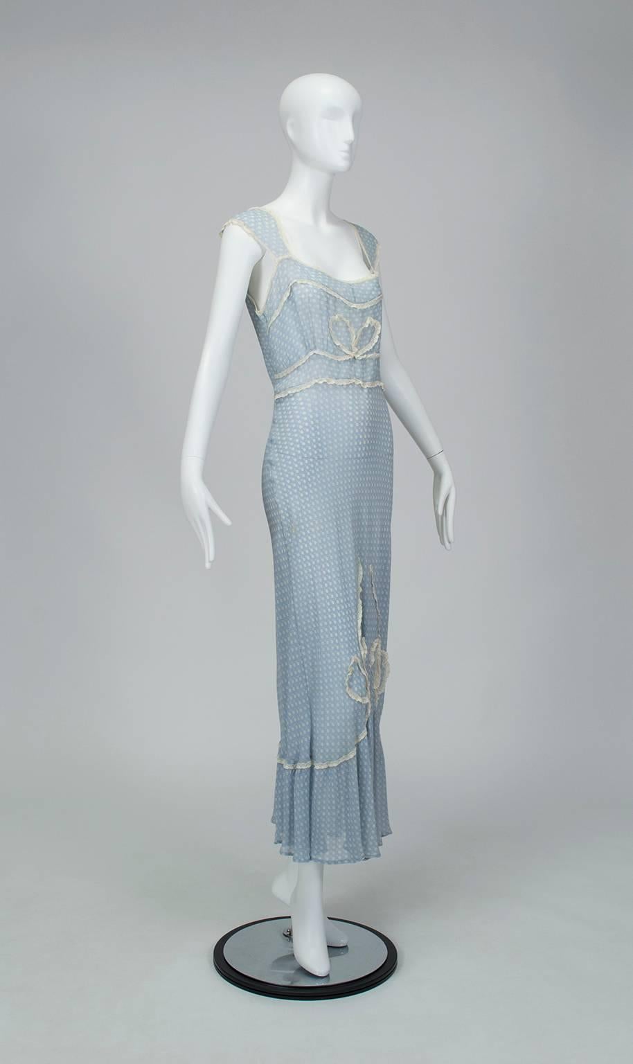 Gray Powder Blue Printed Chiffon Regency Peignoir Dressing Gown, Italy - S-M, 1930s