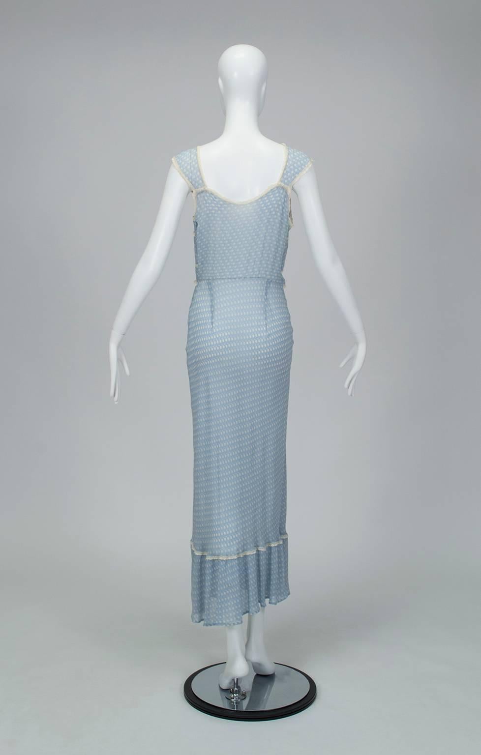 Powder Blue Printed Chiffon Regency Peignoir Dressing Gown, Italy - S-M, 1930s In Good Condition In Tucson, AZ