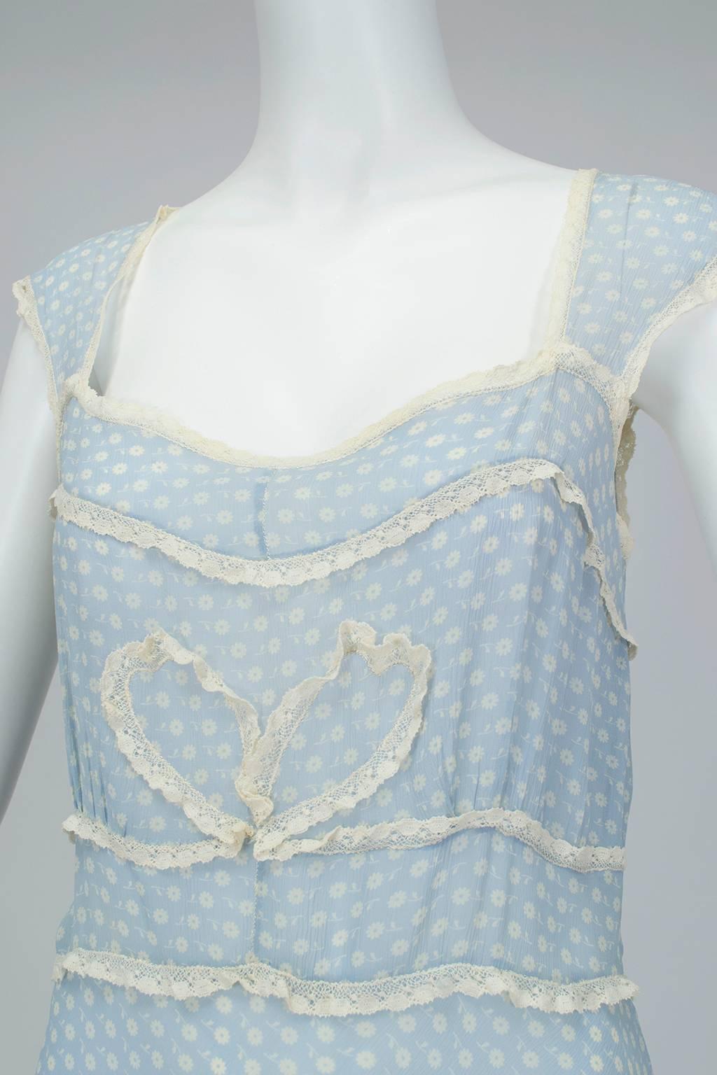 Women's Powder Blue Printed Chiffon Regency Peignoir Dressing Gown, Italy - S-M, 1930s