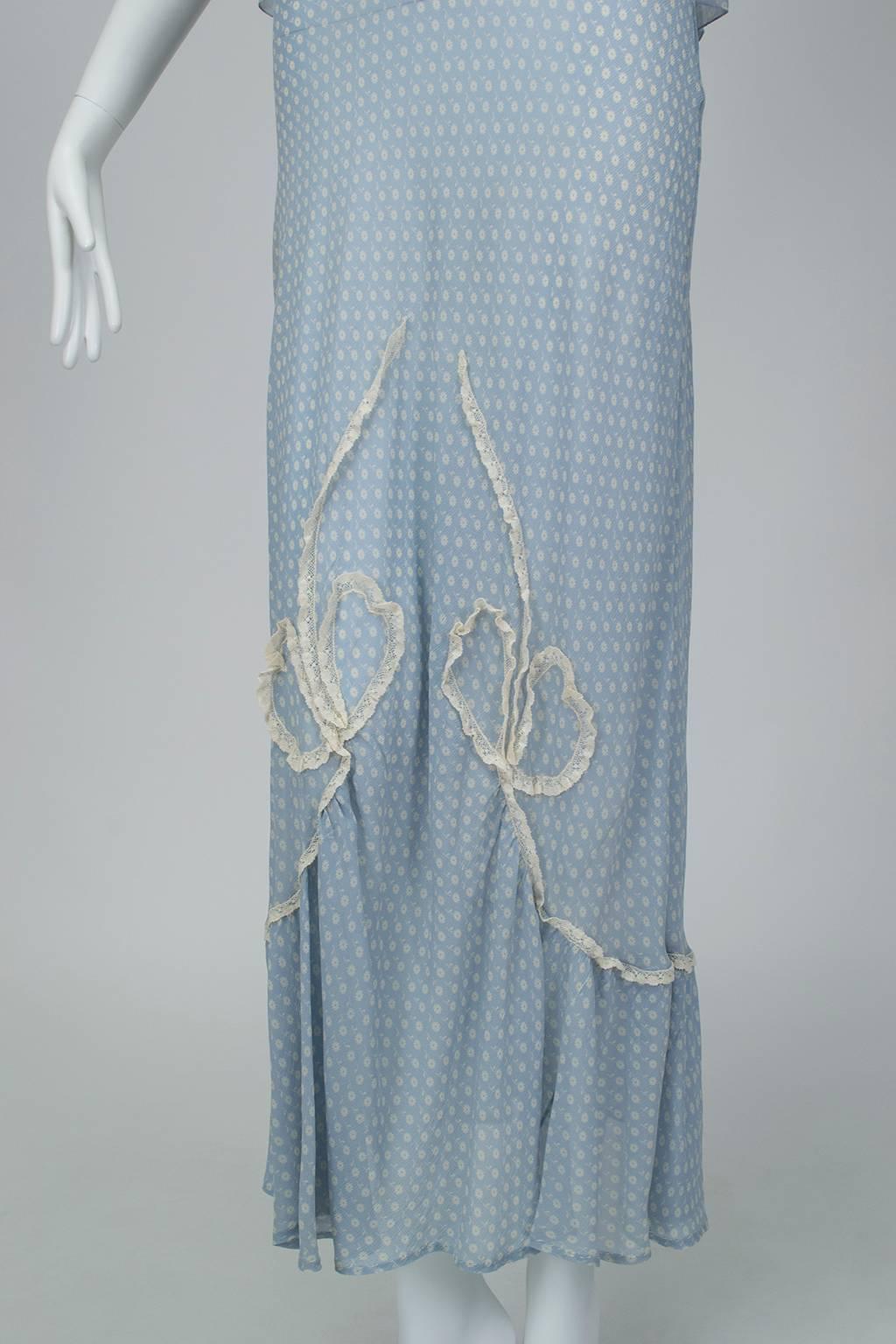 Powder Blue Printed Chiffon Regency Peignoir Dressing Gown, Italy - S-M, 1930s 1