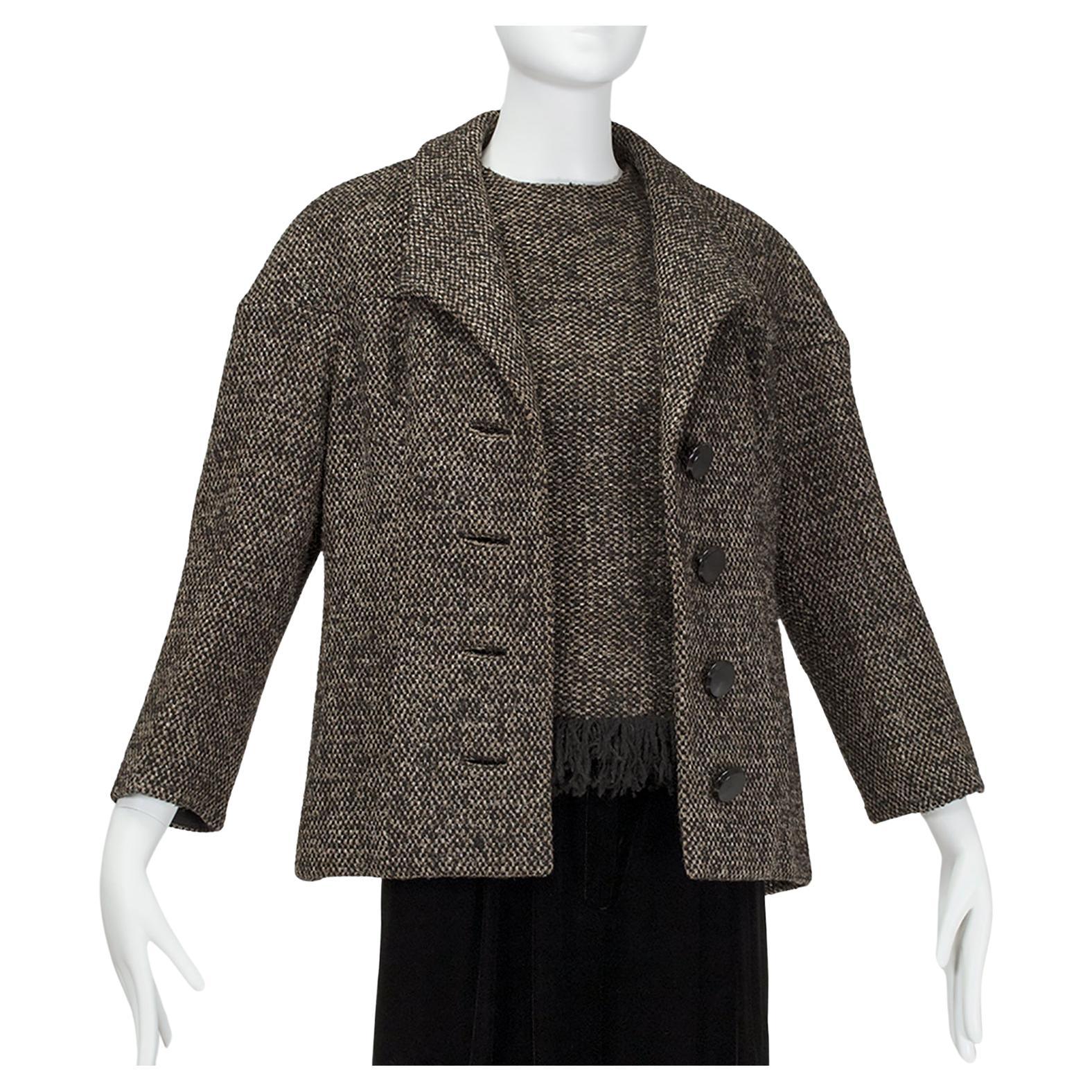 James Galanos Brown Tweed Jacket w Matching Sleeveless Fringe Top - M, 1980s For Sale