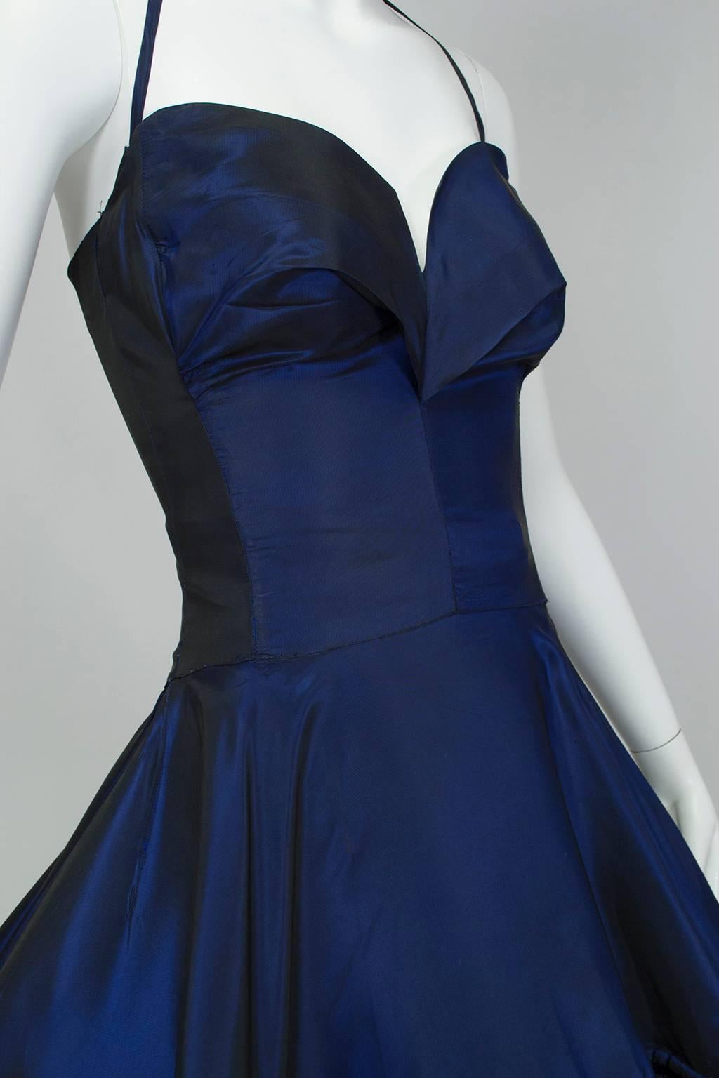 Women's Sapphire Silk Mother Ginger Halter Ball Gown w Pannier Hoop Skirt - XXS, 1950s For Sale