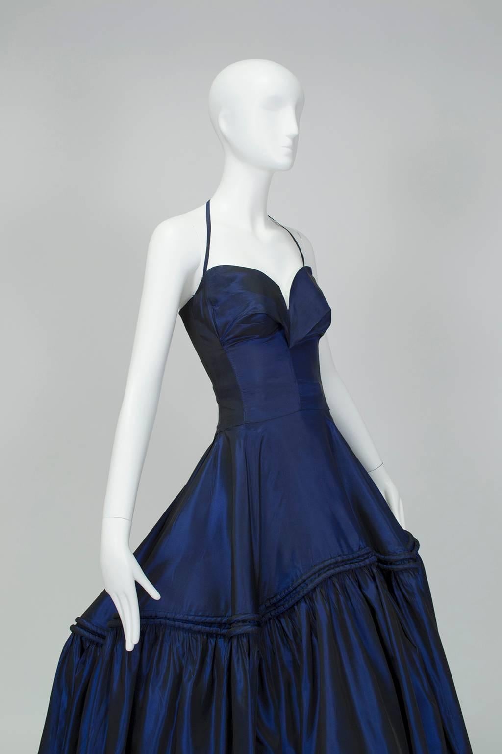 Robe de bal avec dos nu et jupe à anneaux en soie saphir - XXS, années 1950 Pour femmes en vente