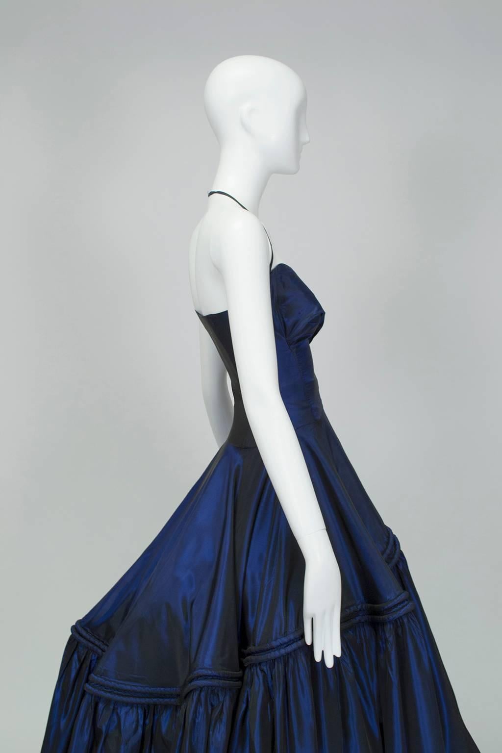 Black Sapphire Silk Mother Ginger Halter Ball Gown w Pannier Hoop Skirt - XXS, 1950s For Sale
