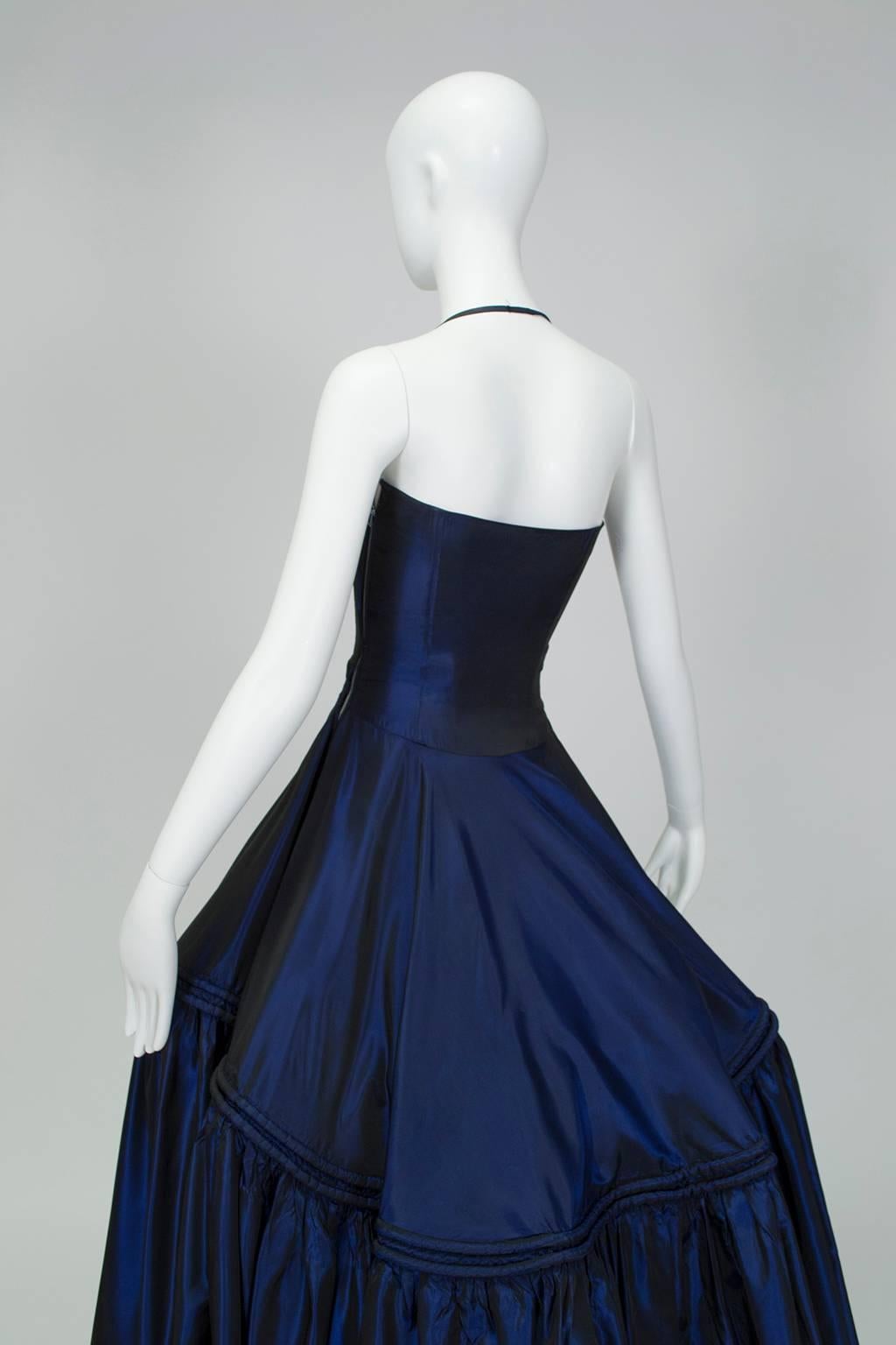 Sapphire Silk Mother Ginger Halter Ball Gown w Pannier Hoop Skirt - XXS, 1950s In Good Condition For Sale In Tucson, AZ