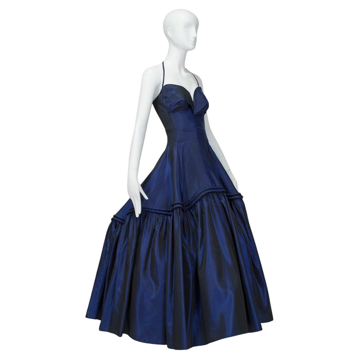 Robe de bal avec dos nu et jupe à anneaux en soie saphir - XXS, années 1950