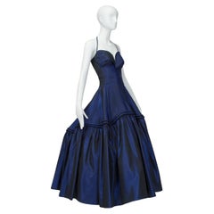 Sapphire Silk Halter Ball Gown w Tabletop Pannier Hoop Skirt - XXS, 1950s