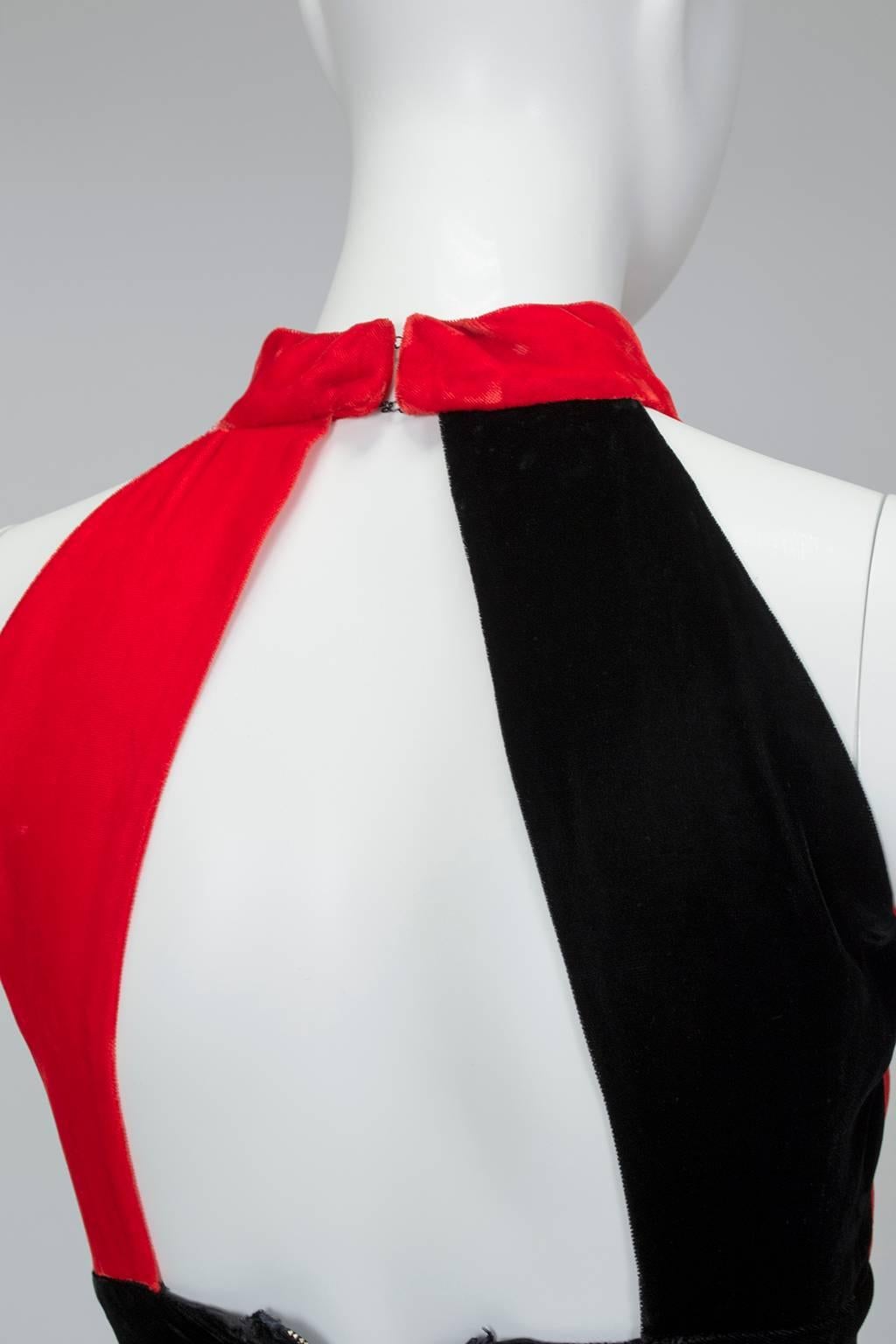 Frederick's Red and Black Harley Quinn Velvet Halter Romper Jumpsuit- XXS, 1960s 1