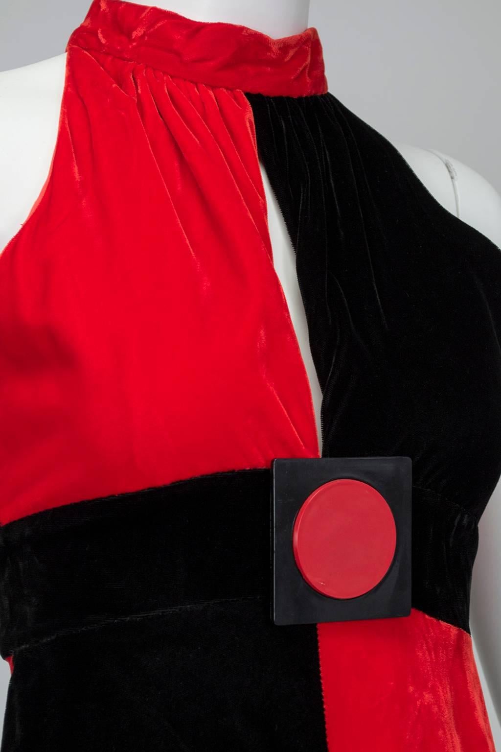 Women's Frederick's Red and Black Harley Quinn Velvet Halter Romper Jumpsuit- XXS, 1960s