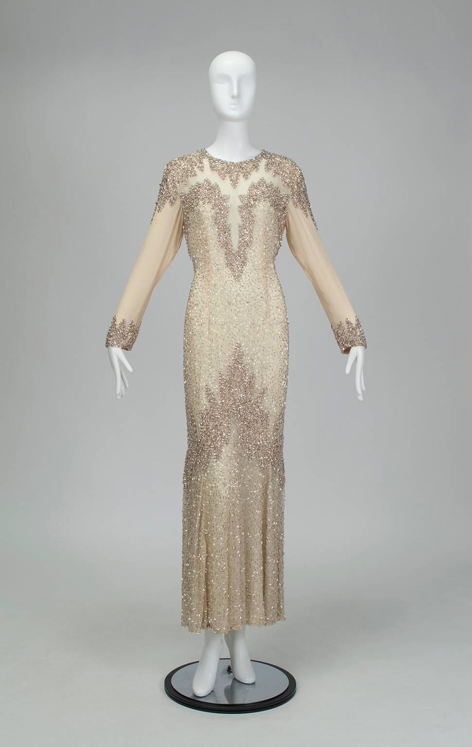 Achingly similar to Sharon Stone’s nude Bob Mackie gown in “Casino,” this illusion gown covers all the naughty bits with a solid crust of rose gold sequins, silver beads and rhinestone nuggets but leaves the rest exposed by a thin layer of flesh