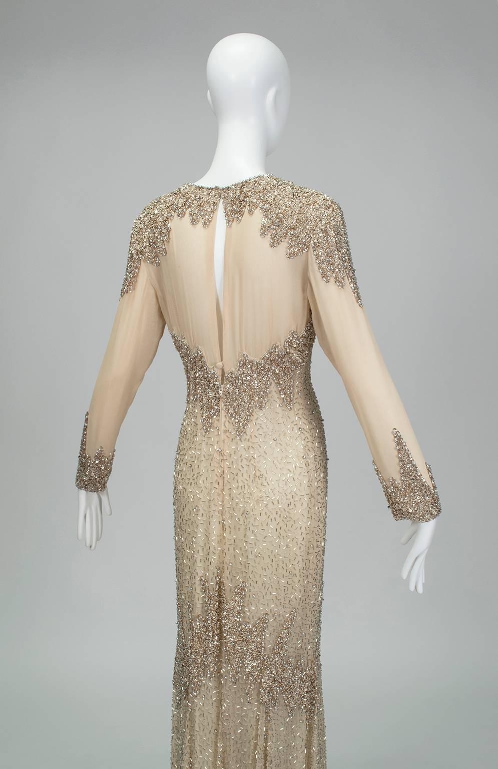 Oleg Cassini Nude Rose Gold Bead and Sequin Evening Gown - US 6, 1990s For Sale 2