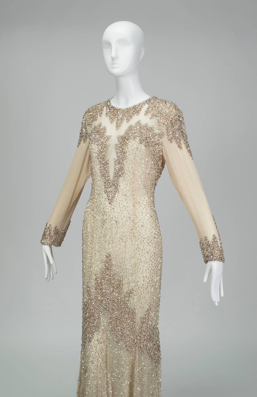 Oleg Cassini Nude Rose Gold Bead and Sequin Evening Gown - US 6, 1990s For Sale 1