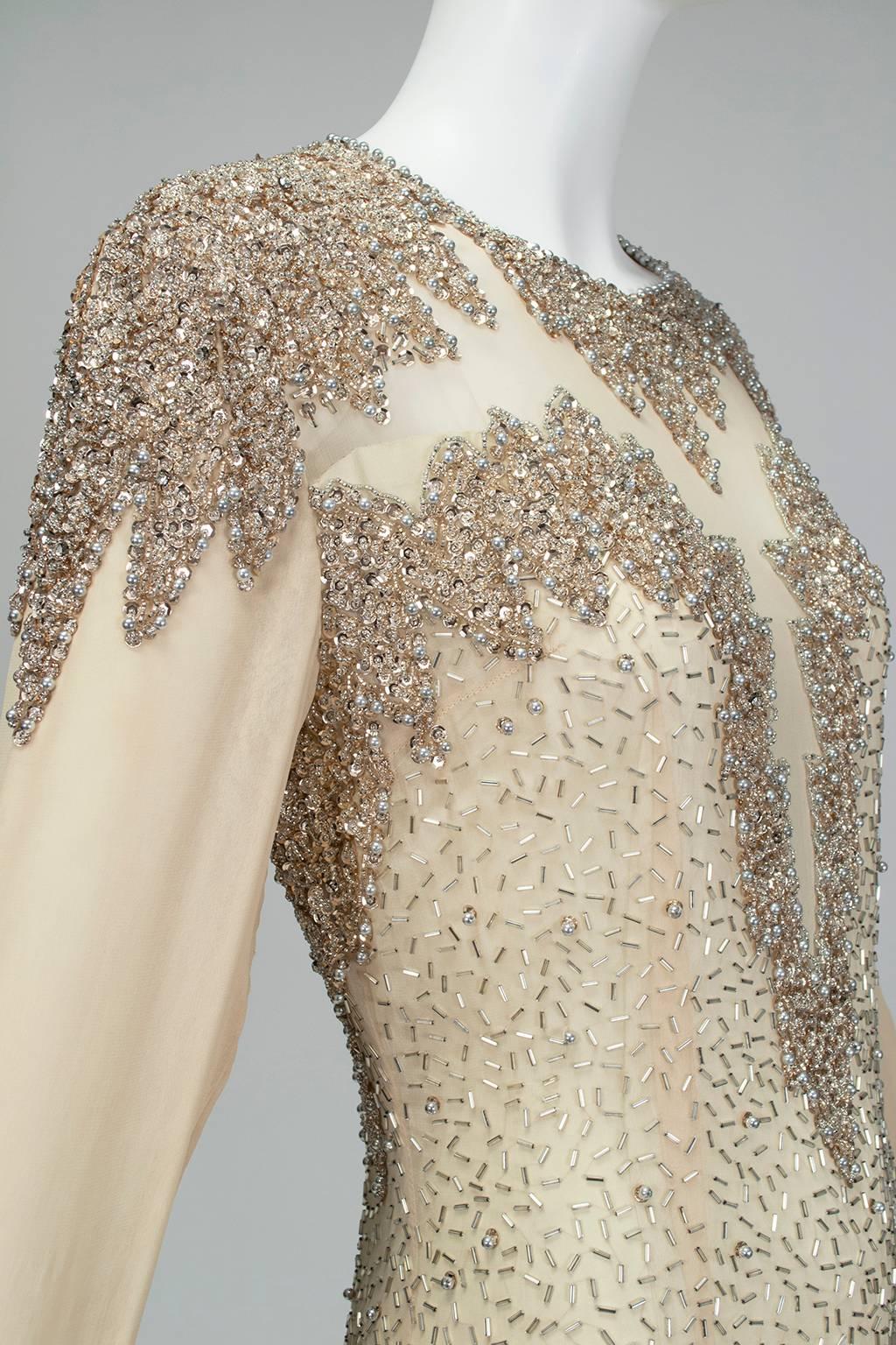 Oleg Cassini Nude Rose Gold Bead and Sequin Evening Gown - US 6, 1990s For Sale 3