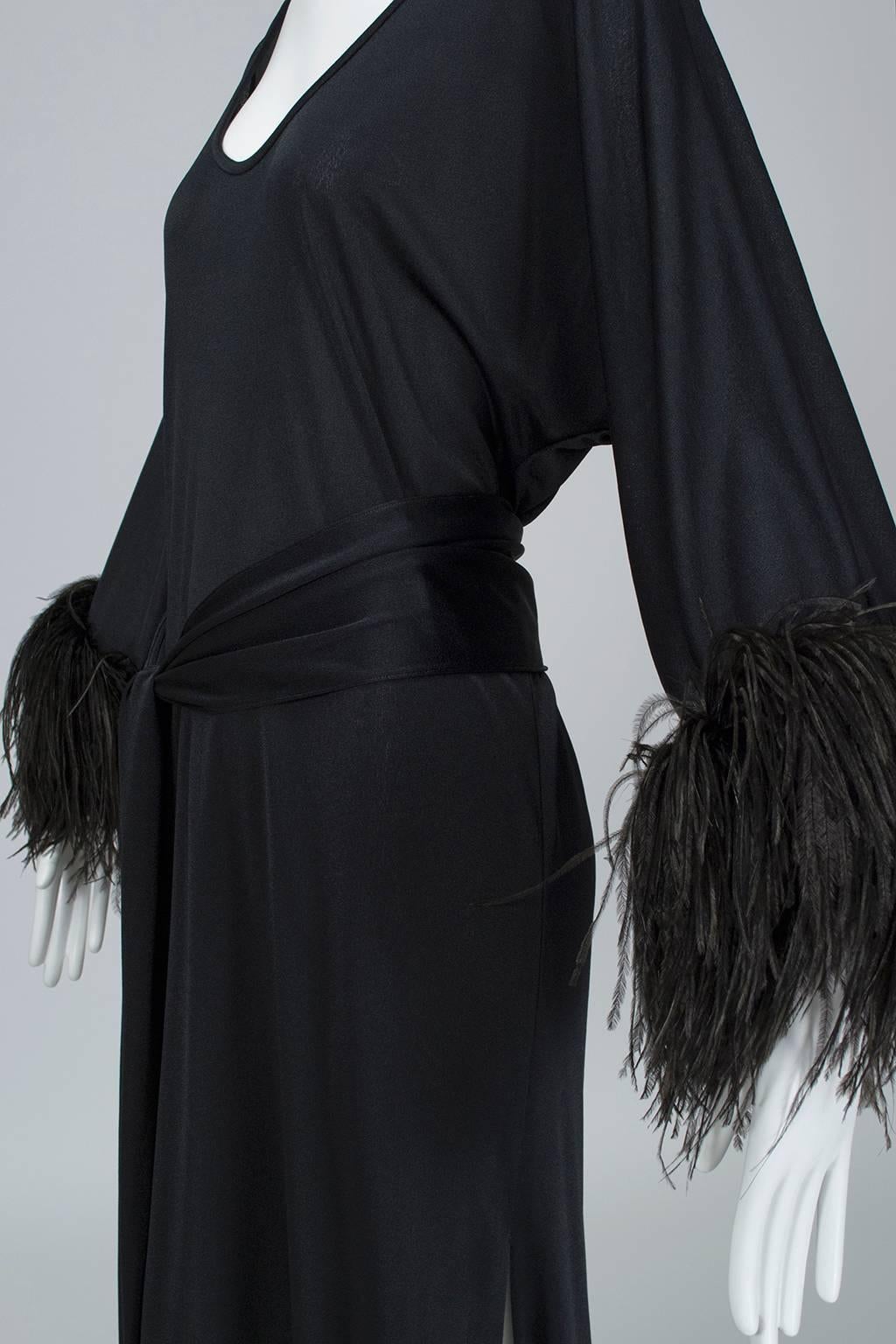 Mr. Blackwell Black Ostrich Feather Cuff Midi Dress, 1960s 1